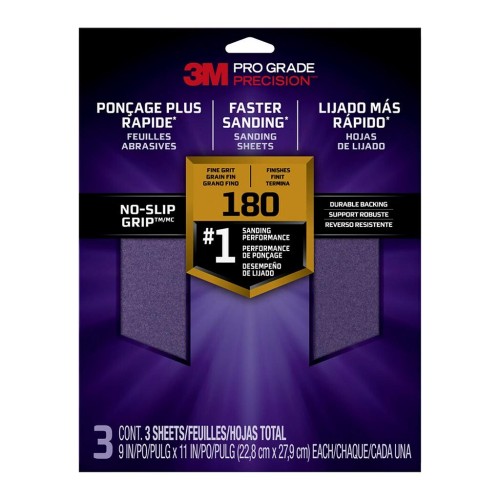 3M Pro Grade Precision Sanding Sheets 26180TRI-3 180 Grit, Pack of 3 3M Pro Grade Precision Sanding Sheets 26180TRI-3 180 Grit, Pack of 3