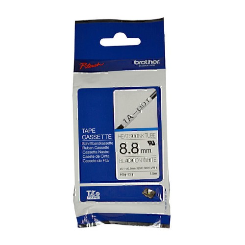 Brother HSe-221e 9.0 mm x 1.5 m Black on White Heat Shrink Tape - Genuine Brother HSe-221e 9.0 mm x 1.5 m Black on White Heat Shrink Tape - Genuine