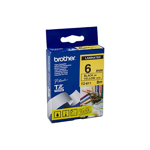 Brother TZe611Labelling Tape Black on Yellow 6mm x 8m - Genuine