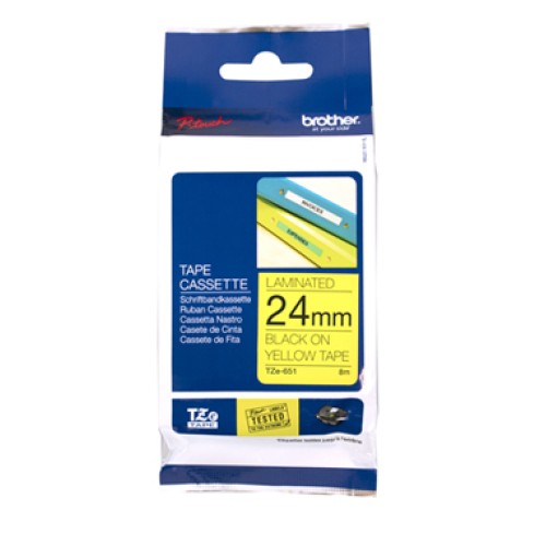 Brother TZE651 24mm x 8m Black on Yellow Tape - Genuine Brother TZE651 24mm x 8m Black on Yellow Tape - Genuine