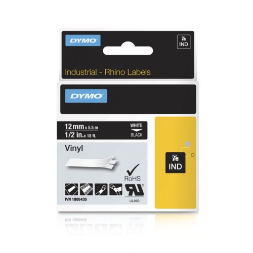 Dymo 1805435 Rhino White on Black Vinyl Labels 5.5 m x 12 mm - Genuine Dymo 1805435 Rhino White on Black Vinyl Labels 5.5 m x 12 mm - Genuine