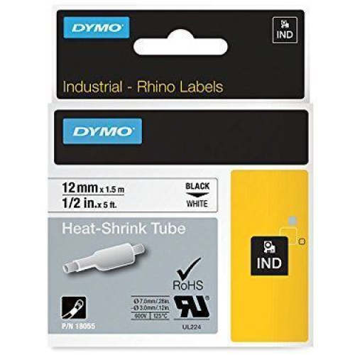 Dymo SD18055 - DY18055 Rhino Heat Shrink Tube Black on White 1.5m x 12mm - Genuine Dymo SD18055 - DY18055 Rhino Heat Shrink Tube Black on White 1.5m x 12mm - Genuine