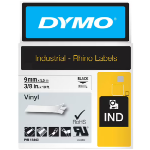 Dymo DY18443 S0718580 Rhino Black on White Vinyl 5.5m x 9mm - Genuine Dymo DY18443 S0718580 Rhino Black on White Vinyl 5.5m x 9mm - Genuine