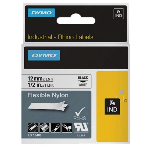 Dymo Rhino 18488 Label Tape Black on White Nylon 3.5m x 12mm - Genuine Dymo Rhino 18488 Label Tape Black on White Nylon 3.5m x 12mm - Genuine