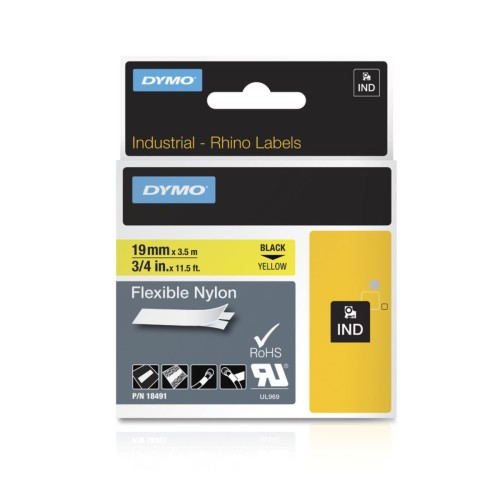 Dymo 18491 Rhino Black on Yellow Flexible Nylon 3.5m x 19mm - Genuine