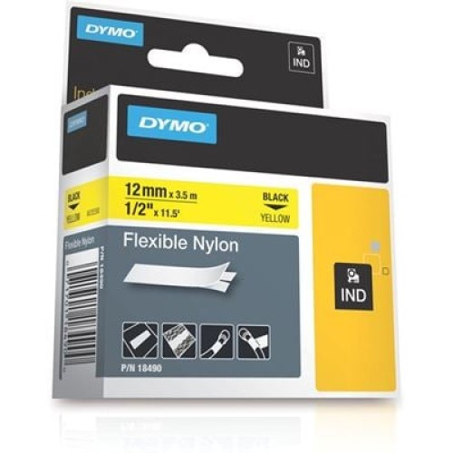 Dymo 18490 Rhino Label Black on Yellow Nylon 3.5m x 12mm - Genuine Dymo 18490 Rhino Label Black on Yellow Nylon 3.5m x 12mm - Genuine
