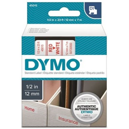 Dymo D1 Red on White 12mm x 7m Tape S0720550 - Genuine Dymo D1 Red on White 12mm x 7m Tape S0720550 - Genuine