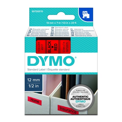 Dymo 45017 12mm x 7m Black on Red D1 Label Tape - Genuine Dymo 45017 12mm x 7m Black on Red D1 Label Tape - Genuine