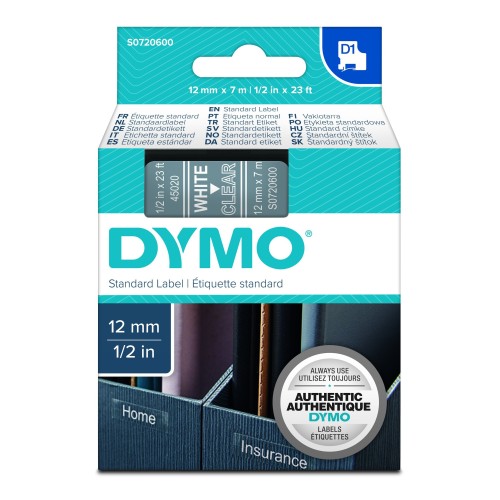 Dymo 45020 12mm x 7m White on Clear D1 Label Tape - Genuine Dymo 45020 12mm x 7m White on Clear D1 Label Tape - Genuine