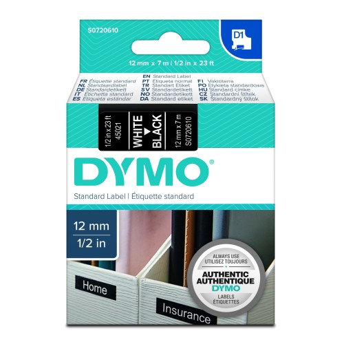 Dymo 45021 12mm x 7m White on Black D1 Label Tape - Genuine Dymo 45021 12mm x 7m White on Black D1 Label Tape - Genuine