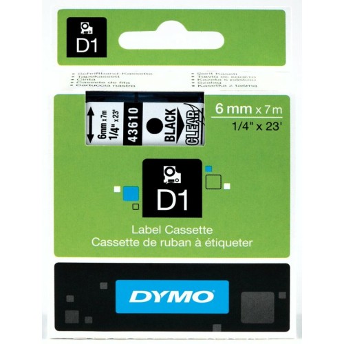 Dymo 6mm x 7m Black on Clear D1 Label Tape - Genuine Dymo 6mm x 7m Black on Clear D1 Label Tape - Genuine