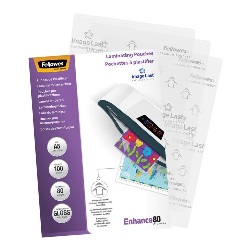 100 Fellowes Laminating Pouches Gloss 80 micron A5 100 Fellowes Laminating Pouches Gloss 80 micron A5