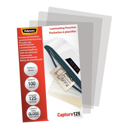 100 Fellowes Laminating Pouches Gloss 125 micron 54mm x 86mm 100 Fellowes Laminating Pouches Gloss 125 micron 54mm x 86mm