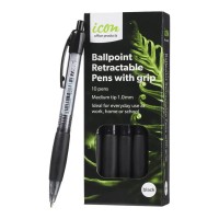 10-Pack Ballpoint Medium 1.0mm Black Retractable Pens with Grip