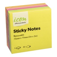 Sticky Notes 75mm x 75mm Neon 5 Pack
