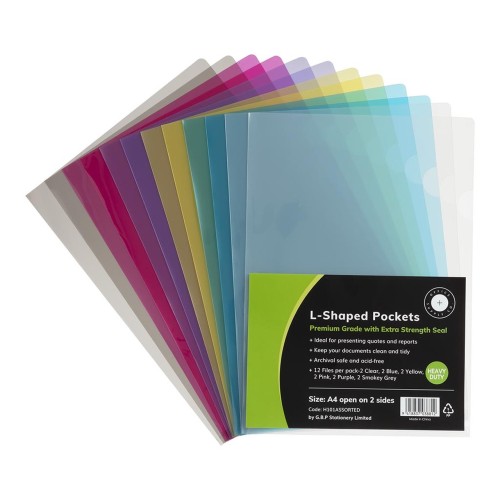 12-Pack - L Shaped Pockets Six Colours 180 Micron A4 12-Pack - L Shaped Pockets Six Colours 180 Micron A4