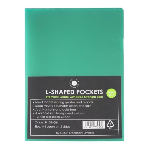 12-Pack L Shaped Pockets Green OSC 180 Micron A4 12-Pack L Shaped Pockets Green OSC 180 Micron A4