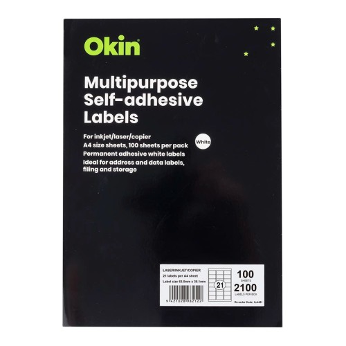 100 A4 Adhesive Label Sheets 63.5mm x 38.1mm - 21 Per Page 100 A4 Adhesive Label Sheets 63.5mm x 38.1mm - 21 Per Page