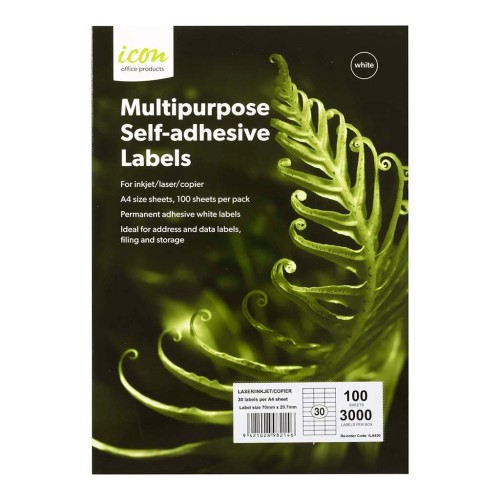 100 A4 Adhesive Label Sheets 70mm x 29.7mm - 30 Per Page