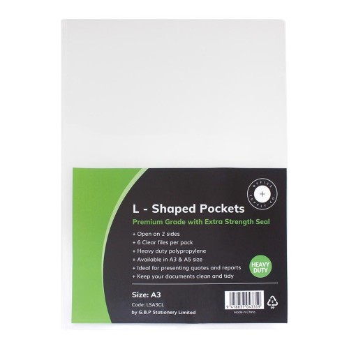 6-Pack - L Shaped Pockets OSC Heavy Duty Clear 180 Micron A3 6-Pack - L Shaped Pockets OSC Heavy Duty Clear 180 Micron A3