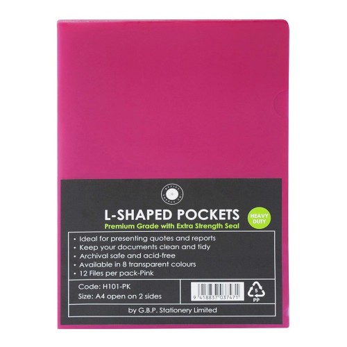 12-Pack L Shaped Pockets Pink 180 Micron A4 12-Pack L Shaped Pockets Pink 180 Micron A4