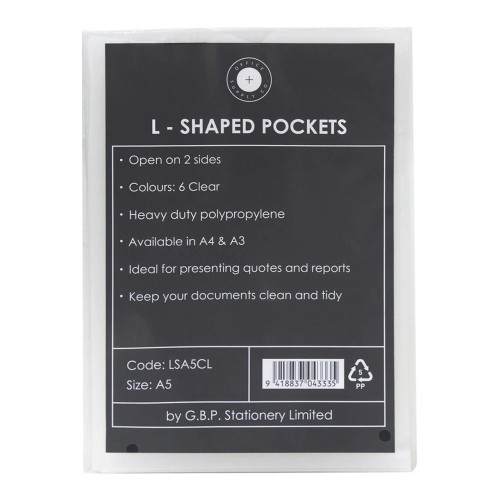 6-Pack - L Shaped Pockets OSC Heavy Duty Clear 180 Microns A5 6-Pack - L Shaped Pockets OSC Heavy Duty Clear 180 Microns A5