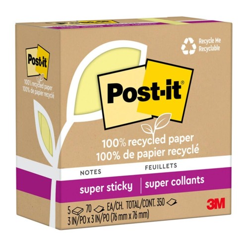 Pack of 5 Post-it 100 Rec Super Sticky Notes 654R-5SSCY 76mm x 76mm Yellow Pack of 5 Post-it 100 Rec Super Sticky Notes 654R-5SSCY 76mm x 76mm Yellow