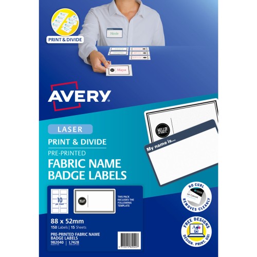 Avery 'Hello! My Name Is' Fabric Print & Divide Name Badges Laser 88x52mm 150 Labels L7428 Avery 'Hello! My Name Is' Fabric Print & Divide Name Badges Laser 88x52mm 150 Labels L7428