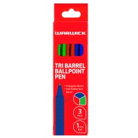 Warwick Pen Ballpoint Tri Barrel 1.0mm Medium Blue Red Green Pack 3
