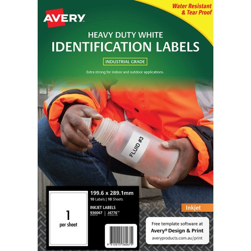 Avery Heavy Duty ID Label J4776 White Inkjet 199.6x289.1mm 1up 10 Sheets Avery Heavy Duty ID Label J4776 White Inkjet 199.6x289.1mm 1up 10 Sheets