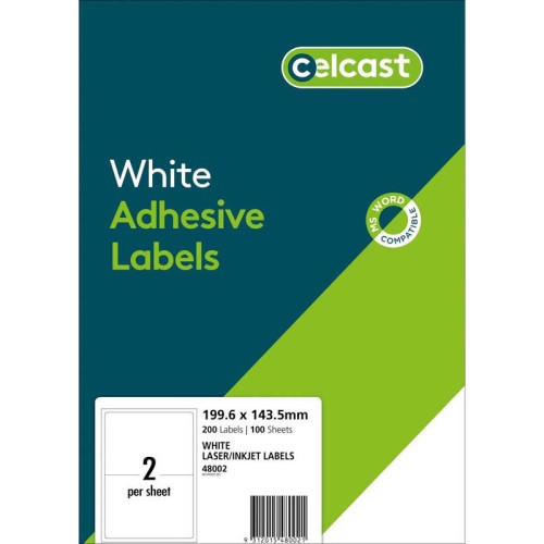 Celcast Labels A4 199.6x143.5mm 2up 100 Sheets Celcast Labels A4 199.6x143.5mm 2up 100 Sheets