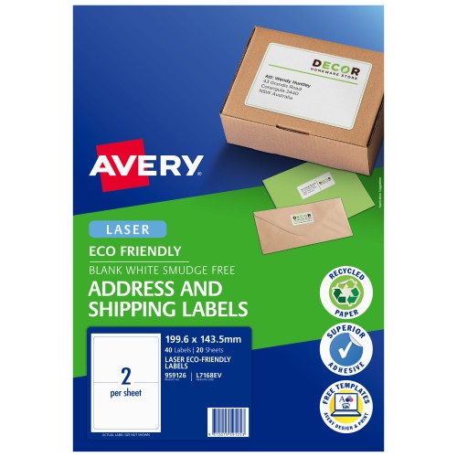 Avery Eco Friendly Address Labels 199.1x143.5mm 2up 20 Sheets L7168EV Avery Eco Friendly Address Labels 199.1x143.5mm 2up 20 Sheets L7168EV