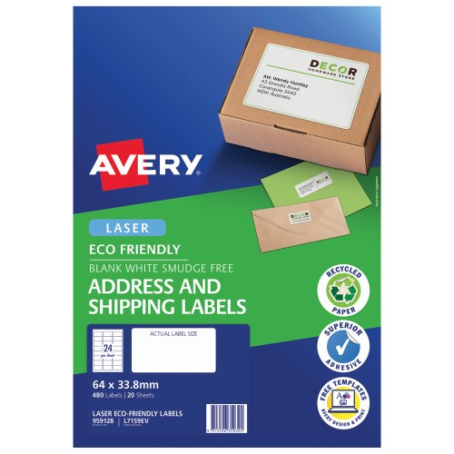 Avery Eco Friendly Address Labels 64x33.8mm 24up 20 Sheets L7159EV Avery Eco Friendly Address Labels 64x33.8mm 24up 20 Sheets L7159EV