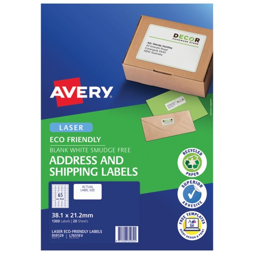 Avery Eco Friendly Address Labels 38.1x21.2mm 65up 20 Sheets L7651EV Avery Eco Friendly Address Labels 38.1x21.2mm 65up 20 Sheets L7651EV