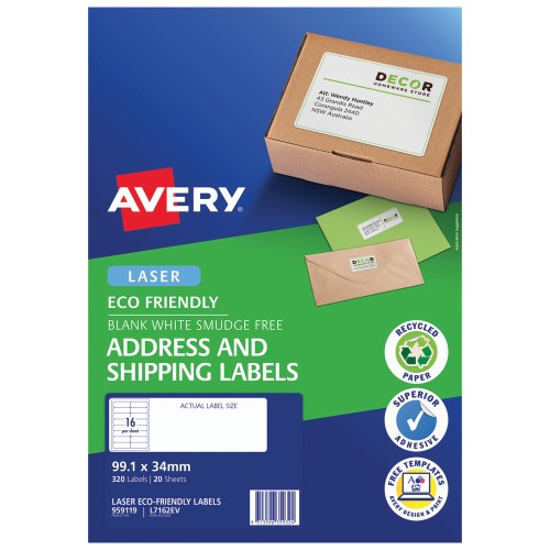 Avery Eco Friendly Address Labels 99.1x34mm 16up 20 Sheets L7162EV Avery Eco Friendly Address Labels 99.1x34mm 16up 20 Sheets L7162EV