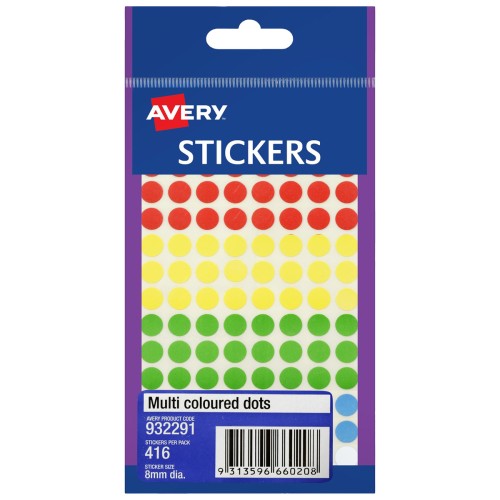 Avery Assorted Dots 8mm 416 Pack Avery Assorted Dots 8mm 416 Pack