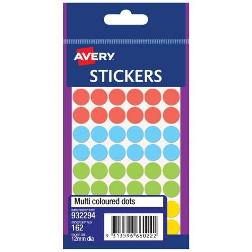 Avery Assorted Dots 12mm 162 Pack Avery Assorted Dots 12mm 162 Pack
