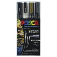 Uni Posca Marker 0.9-1.3mm Fine 4 Pack Black White Gold Silver PC-3M