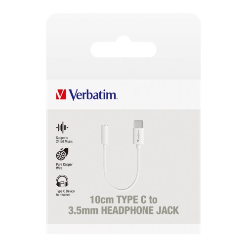 Verbatim Essentials USB-C to 3.5mm Headphone Jack 10cm White Verbatim Essentials USB-C to 3.5mm Headphone Jack 10cm White