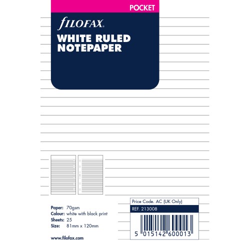 Filofax Organiser Refill Pocket Notepaper Ruled White Filofax Organiser Refill Pocket Notepaper Ruled White